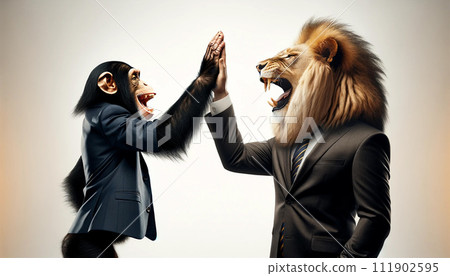 A monkey and a lion wearing suits rejoice in their success and high-five their co-workers. 111902595