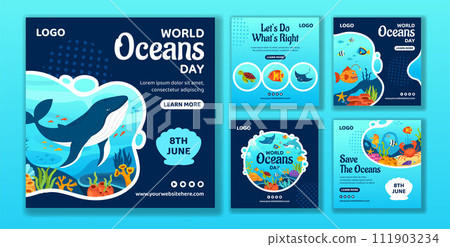 Oceans Day Social Media Post Flat Cartoon Hand Drawn Templates Background Illustration 111903234