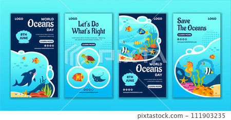Oceans Day Social Media Stories Flat Cartoon Hand Drawn Templates Background Illustration 111903235