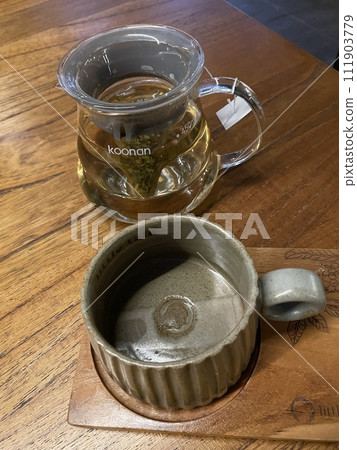 A jar of tea with empty glass A jar of tea with empty glass 111903779