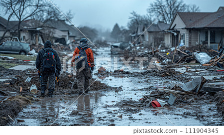 Scenery of areas affected by floods, water damage, submergence, heavy rain, heavy rain, typhoons, and natural disasters 111904345