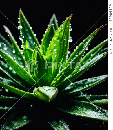蘆薈葉和水濺。黑色背景。 AI生成影像 111904369