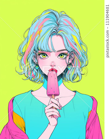 young girl eating ice cream 111904681