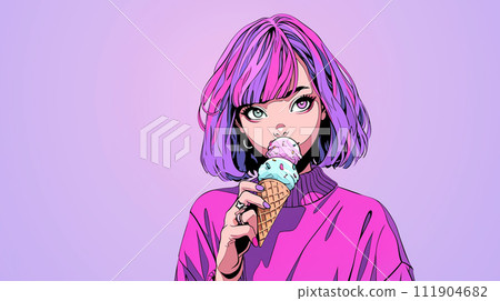 young girl eating ice cream 111904682