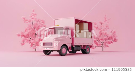 pink delivery truck with boxes on a pink background, in the style of sculpted, ad posters, atmosphere of dreamlike pink delivery truck with boxes on a pink background, in the style of sculpted, ad posters, atmosphere of dreamlike 111905585