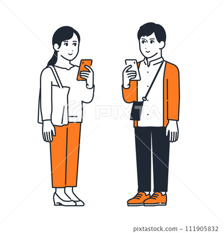 年輕男女在戶外看智慧型手機的簡單向量圖集素材 111905832