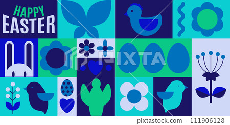 Happy Easter. Patterns. Modern geometric style. Easter eggs, rabbit Happy Easter. Patterns. Modern geometric style. Easter eggs, rabbit 111906128