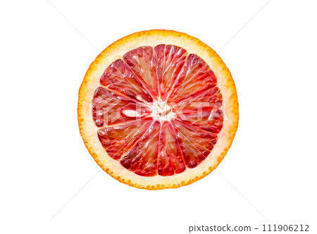 Bloody red orange kara-kara, cut lobule sectors, top view, isolated on white background with clipping path 111906212