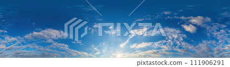 360 panorama of glowing sunset sky with bright Cirrus clouds. Seamless hdr spherical 360 panorama. Sky dome in 3D visualization, sky replacement for aerial drone panoramas. Weather and climate change. 360 panorama of glowing sunset sky with bright Cirrus clouds. Seamless hdr spherical 360 panorama. Sky dome in 3D visualization, sky replacement for aerial drone panoramas. Weather and climate change. 111906291