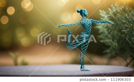 AI-generated content. Woman in yoga pose, bent wire figure on nature backdrop, Creative figures symbol of yoga and harmony, art and serenity intersection. Female fitness yoga routine concept. Healthy AI-generated content. Woman in yoga pose, bent wire figure on nature backdrop, Creative figures symbol of yoga and harmony, art and serenity intersection. Female fitness yoga routine concept. Healthy 111906303