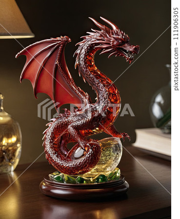 AI-generated content. Dragon with spread wings statuette on wooden table in well-lit room, symbolizing power and success in Chinese culture, especially in the Year of the Dragon, 2024. Present for AI-generated content. Dragon with spread wings statuette on wooden table in well-lit room, symbolizing power and success in Chinese culture, especially in the Year of the Dragon, 2024. Present for 111906305