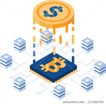 Isometric Dollar Coin Transition to Bitcoin or Digital Currency 111906700