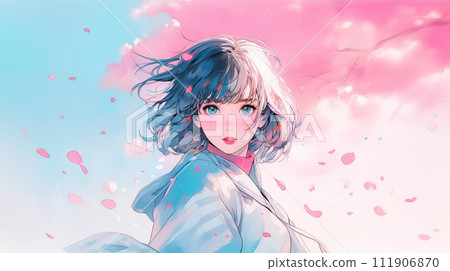 A young woman standing in front of a cherry tree 111906870