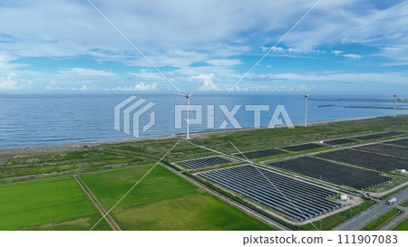 Energy fusion - Aerial view of wind and solar power generation areas in Minamisoma City 2 Energy fusion - Aerial view of wind and solar power generation areas in Minamisoma City 2 111907083