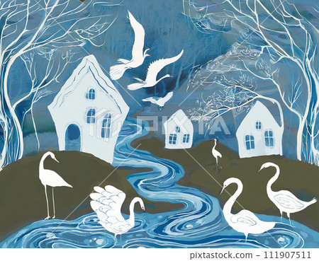 In a dream, a river flowing on a full moon night and a landscape painting 111907511