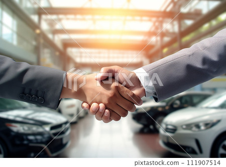 Automobile shops and dealers shaking hands with customers (car delivery, new car, purchase, contract, closing) 111907514