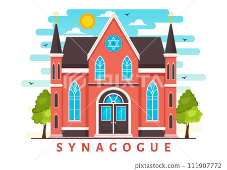 Synagogue Building or Jewish Temple Vector Illustration with Religious, Hebrew or Judaism and Jew Worship Place in Flat cartoon Background 111907772
