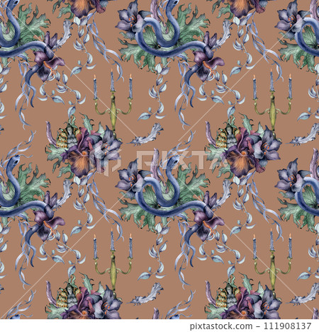 Gothic floral seamless pattern with snake isolated on pink. Flower purple iris and black lily watercolor. Botanical art decoration for black wedding, mystical party. For invitation, Valentine card 111908137