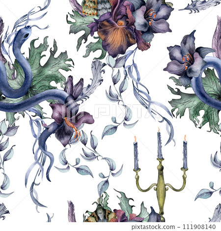 Gothic floral seamless pattern with snake isolated on white. Flower purple iris and black lily watercolor. Botanical art decoration for black wedding, mystical party. For invitation, Valentine card Gothic floral seamless pattern with snake isolated on white. Flower purple iris and black lily watercolor. Botanical art decoration for black wedding, mystical party. For invitation, Valentine card 111908140