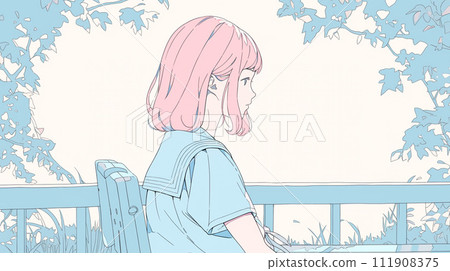 High school girl sitting on a bench in the park 111908375