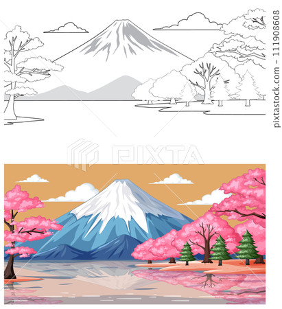 Serene Mountain Landscape with Cherry Blossoms Serene Mountain Landscape with Cherry Blossoms 111908608