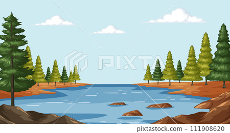 Serene Lake Landscape Vector Illustration 111908620