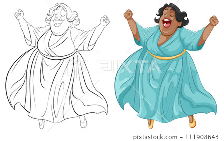 Joyful Woman Celebrating in Blue Dress Joyful Woman Celebrating in Blue Dress 111908643