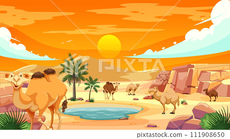Desert Oasis with Camels at Sunset 111908650