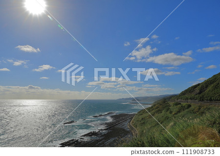 View of Oni no Washing Rock in the Hyuganada Sea illuminated by the large tropical sun View of Oni no Washing Rock in the Hyuganada Sea illuminated by the large tropical sun 111908733