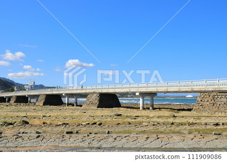 A view of Yayoi Bridge in Aoshima, Miyazaki where you can see the sea bed at low tide A view of Yayoi Bridge in Aoshima, Miyazaki where you can see the sea bed at low tide 111909086