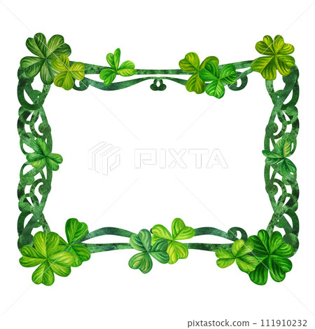 Watercolor vintage fantasy frame with hand drawn four leaf clover for St. Patrick's Day for good luck, for invitation card template, announcements, magic games, fairy tales, book titles, scrapbooking Watercolor vintage fantasy frame with hand drawn four leaf clover for St. Patrick's Day for good luck, for invitation card template, announcements, magic games, fairy tales, book titles, scrapbooking 111910232