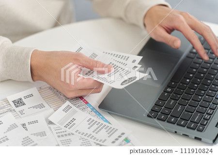將費用輸入會計軟體的人的手 將費用輸入會計軟體的人的手 111910824