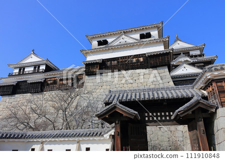 Matsuyama Castle main platform, south corner turret, small castle tower, and large castle tower seen from Shichiku Gate 111910848