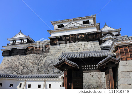 Matsuyama Castle main platform, south corner turret, small castle tower, and large castle tower seen from Shichiku Gate 111910849