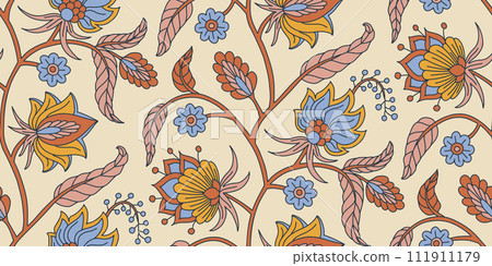Seamless pattern with stylised indian style flowers and leaves on a stem 111911179