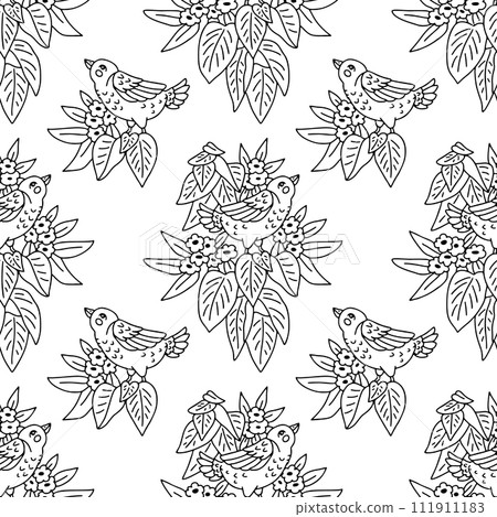 Seamless pattern with black and white hand drawn cute bird and flowers motifs Seamless pattern with black and white hand drawn cute bird and flowers motifs 111911183