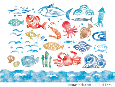 海鮮印刷水彩 grunge 風格圖標 海鮮印刷水彩 grunge 風格圖標 111911660