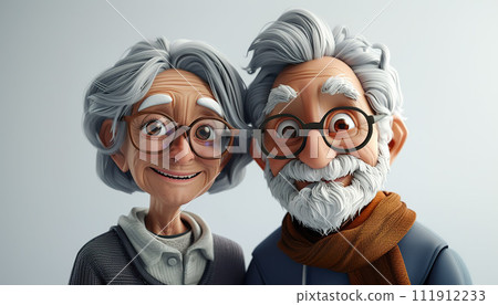 3D illustration of an elderly couple sharing a moment of joy, exuding warmth and lifelong companionship. Generative AI. 111912233