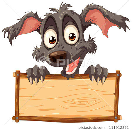 Cheerful Dog Holding a Wooden Sign Cheerful Dog Holding a Wooden Sign 111912251