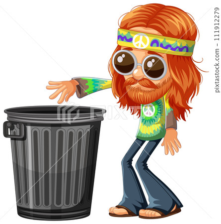 Groovy Hippie with Trash Can Illustration 111912279