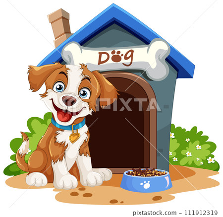Happy Puppy Outside Its Doghouse 111912319