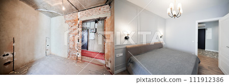 Old room with doorway and new renovated bedroom with large bed, parquet floor and elegant interior design. Photo collage of apartment room before and after restoration or refurbishment. 111912386