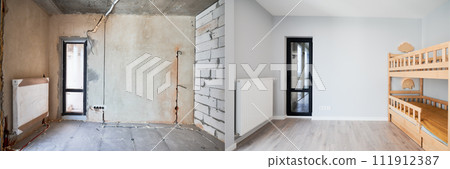 Comparison of children room with wooden bunk bed before and after restoration. Old apartment room with brick wall and new renovated flat with parquet floor and kid house bed. 111912387