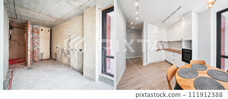 Modern apartment before and after restoration or refurbishment. Comparison of old kitchen room and new place with parquet floor, table, kitchen counter, stove and white walls. Home renovation concept. Modern apartment before and after restoration or refurbishment. Comparison of old kitchen room and new place with parquet floor, table, kitchen counter, stove and white walls. Home renovation concept. 111912388