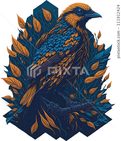 Retro vintage animal bird and leaf branch illustration created with generative AI technology 111912424