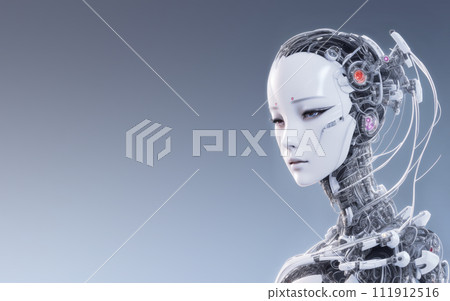 Elegant light gray banner template of hyper realistic AI robot woman android face created with generative AI technology Elegant light gray banner template of hyper realistic AI robot woman android face created with generative AI technology 111912516