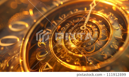 Elegant, beautiful clock scene featuring gold elements, abstract shape, styled like a post-apocalyptic backdrop, in 32K UHD. It includes light orange and brown tones, with a Wiccan, spiral motif, 111912899
