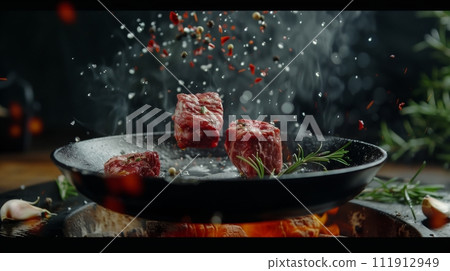 Two striploin steaks of marbled beef collide in mid-air in slow motion. Droplets of hot oil, rosemary, and garlic hover above an extremely hot grill pan against a dark background. Realistic. Two striploin steaks of marbled beef collide in mid-air in slow motion. Droplets of hot oil, rosemary, and garlic hover above an extremely hot grill pan against a dark background. Realistic. 111912949