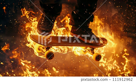 Bottom view of a skate jumping, captured by a camera on a dark background with flames. Bottom view of a skate jumping, captured by a camera on a dark background with flames. 111912962