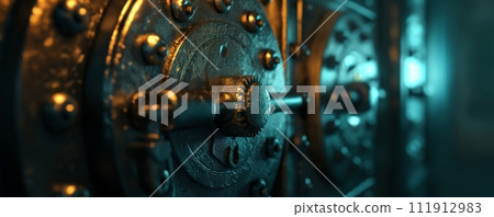 Classic lock in 3D render style as a concept of modern technology security with DOF, warm and cold lights. 111912983